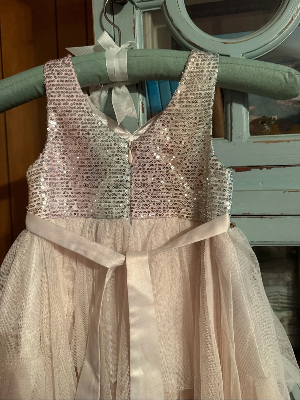Girls' Pink Lt Green Sequin & Tulle Party Dress Size 5 American Princess C3